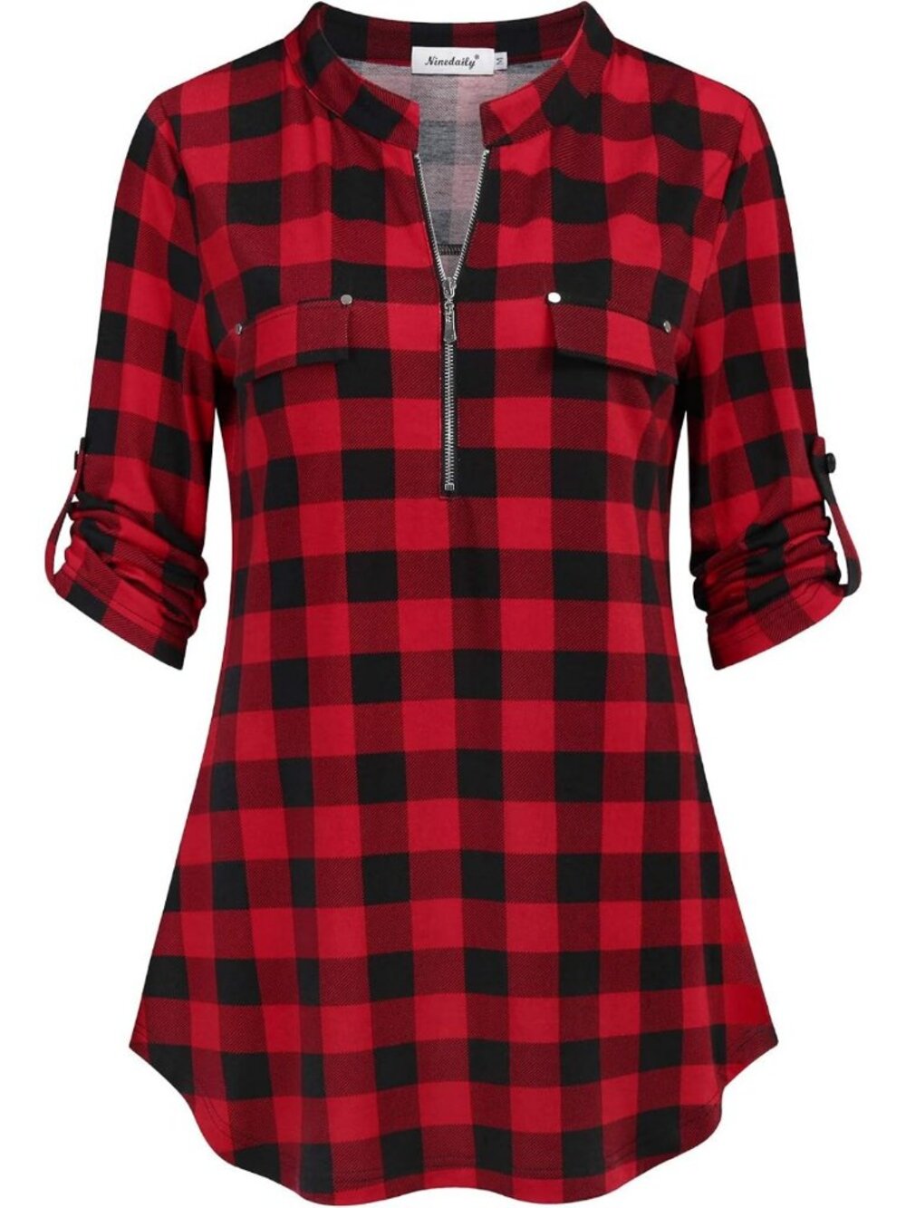 Floral Plaid Tunic Blouse Top for Women - 3/4 Sleeve Casual Shirt